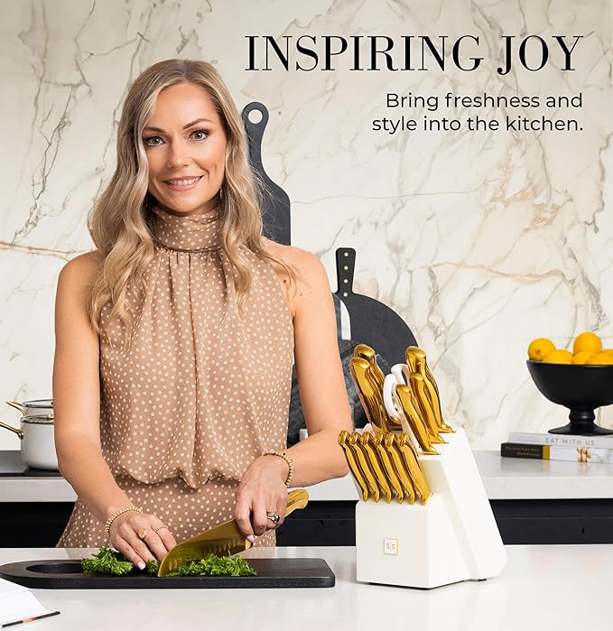 STYLED SETTINGS White and Gold Knife Set with Block – 14-PC Full Tang Titanium-Coated Stainless Steel Gold Knives and White Knife Block with Built-In Sharpener – Luxury Kitchen Accessories