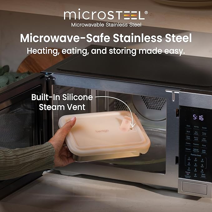 Bentgo MicroSteel Heat & Eat Container – Microwave-Safe, Leak-Proof, Easy-to-Clean, Lightweight Stainless Steel Reusable Food Storage with Airtight Silicone Lid (Dinner Size; 5.5-Cup Capacity; Gold)