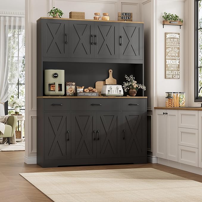 HOSTACK 71" Tall Kitchen Pantry Storage Cabinet with Charging Station, 55" Wide Kitchen Hutch Cabinet with Large Countertop, Farmhouse Food Pantry with Drawers for Living Room (Black)