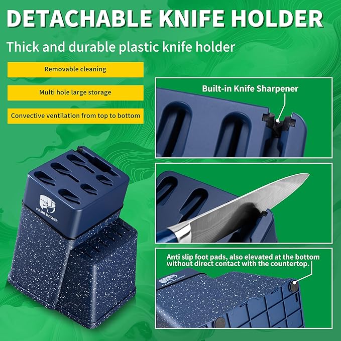 FULLHI 8pcs block Knife Set,chef's Knves Set with Block and Sharpener, Kitchen Knife Set,Multi-colour Handle, Gifts for Men Women