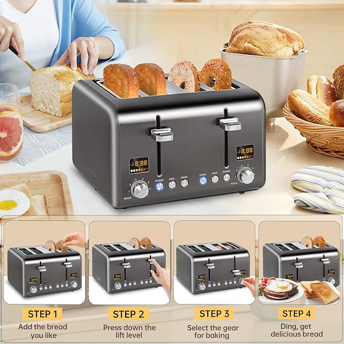 SEEDEEM 4 Slice Stainless Toaster with LCD Display, 7 Shade Settings, Wide Slots, Bagel/Defrost/Reheat Functions, Removable Crumb Tray, 1800W