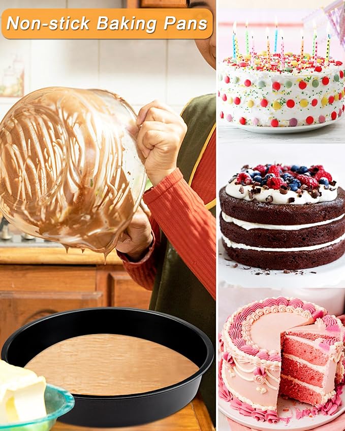 8 Inch Round Cake Pan Set of 3, Non-stick Carbon Steel Baking Pans with 100 Pcs Pre-Cut Parchment Paper, Durable Layer Cake Pans for Birthday/Christmas, Dishwasher Safe