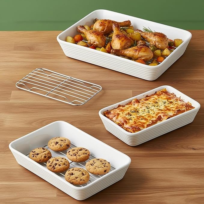 ONEMORE Baking Dishes for Oven, Large Casserole Dishes for Oven with Roasting Racks, Rectangular Ceramic Baking Dish Set of 3 for Cooking & Serving, Handleless Deep Dish Lasagna Pan (3QT/2.1QT/1.3QT)