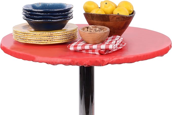 Yourtablecloth Heavy Duty Vinyl Round Fitted Tablecloth (Table Cover) with Flannel Backing Vibrant Colors Elasticized Tablecloth Great for Indoor and Outdoor Dining and Playing Cards 60” Black