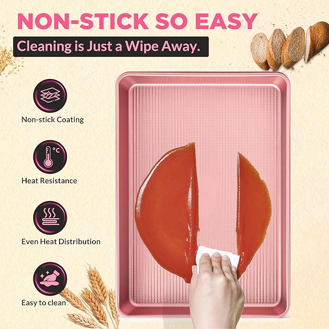 Saker nonstick baking sheet pan set,Multi-Use Non-Stick Baking Pan Set, Stackable Carbon Steel Cookie Sheets for Even Baking, Roasting & Meal Prep, Oven Safe & Easy Clean (pink)