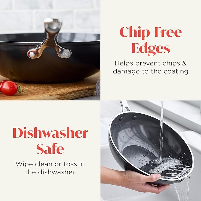 Orfeo 11” Nonstick Wok Pan, Made in Italy, Diamond Ceramic PFAS-Free Cookware, Induction Ready, Scratch Resistant, Laser-Fused Surface for Durability, Dishwasher Safe, Black