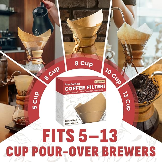 Pre-Folded Unbleached Cone Coffee Filters – Premium Canadian-Imported Thick Paper, Compatible with CHEMEX Pour-Over Coffee Makers (240)