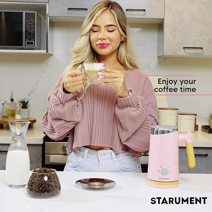 Starument Electric Milk Frother - Automatic Foamer & Heater for Coffee, Latte, Cappuccino, Other Creamy Drinks 4 Settings Cold Foam, Airy Dense Foam Warm Easy to Use, Pink, 8x4x5 inches (MS-MF)