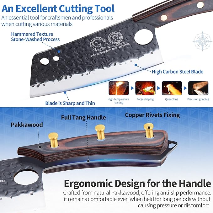 XYJ Kitchen Knife Block Set, High Carbon Steel Blade, Knives Set with Holder, Cutting Board, Sharpener Rod, Scissors, Cut Resistant Gloves, Cleaver, Slicing Chef Knives, Full Tang Pakkawood Handle
