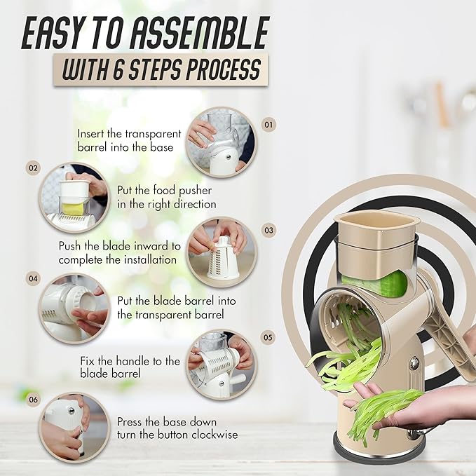 5-in-1 Rotary Cheese Grater with Hand Crank – Multi-Functional Vegetable Slicer, Nut & Cheese Shredder – Easy to Clean Food Grater (Beige)