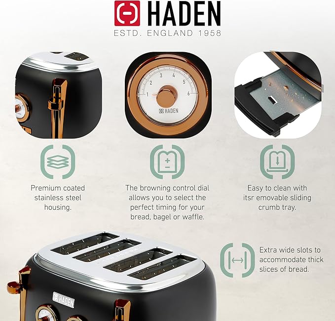 Haden Dorset 4 Slice Wide Slot Stainless Steel Toaster Bundled with 12 Cup Programmable Drip Coffee Maker Coffee Machine, Black & Copper