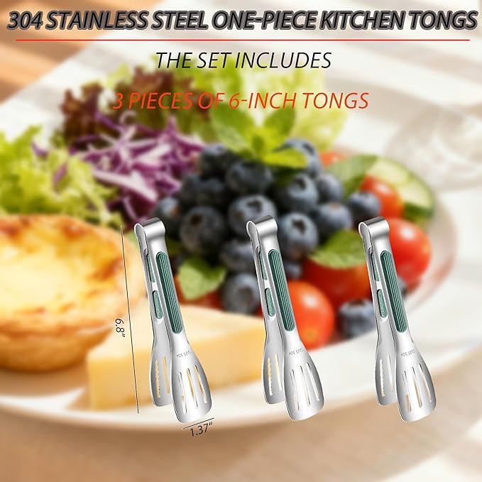 Stainless Steel Kitchen Tong Set - Anti-Slip Heat-Resistant Grip, Widened 3-Line Slotted Heads for Easy Clamping (Steaks, BBQ, Pasta, Salads), Easy Clean for Versatile Use Set of 3-6", Green