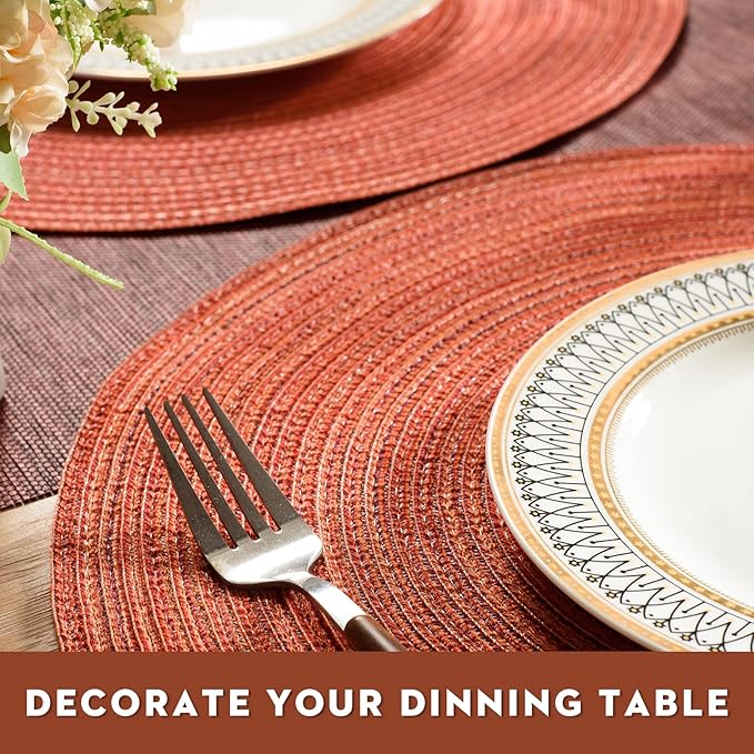 FunWheat Round Braided Placemats Set of 6 Place mats for Dining Tables Woven Heat Resistant Table Mats 15 inch for Fall(Orange)