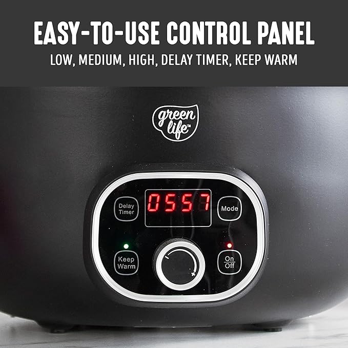 GreenLife 8QT Slow Cooker, Non-Toxic PFAS-Free Ceramic Nonstick Removable Interior Bowl, Programmable, Family Friendly, Keep Warm, Stovetop & Oven Safe, Dishwasher Safe Parts, Timer, Glass Lid, Black
