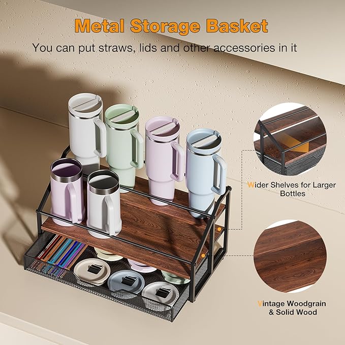 MOJOHAND Water Bottle Organizer for Stanley, 3-Tier 8 Bottles Rack with Storage Basket for Cup Accessories, Large Tumbler Holder Stand, Water Bottle Holder Wine Rack