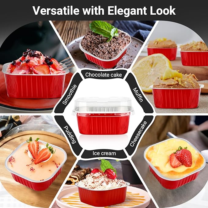 EUSOAR Disposable Ramekins with lids, 10oz 50pcs Square Baking Cups with Lids, 300ml Muffin Liners Snacks Desserts Flan, Pie Ramekin, Recyclable Catering Gathering Wedding Party Favor Baking Cups-Red