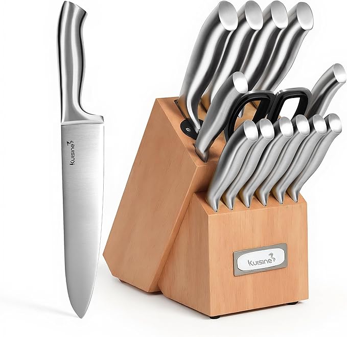 Kuisine Sharp Chef Knife Set with block, One piece Molding High Carbon Stainless Steel Forged,Ergonomic Non-slip Handle Knife Block Set with built-in Sharpener Upgraded (Silver Nature,15PCS)
