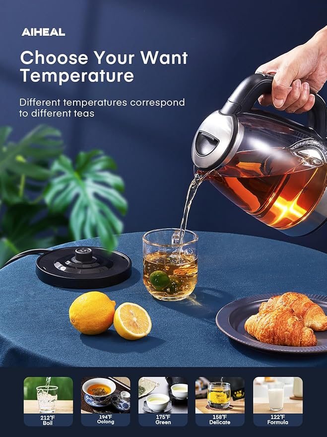Electric Kettle, Aiheal Glass Kettle Temperature Control With 5 Colors LED Lights Variable, Keep Warm, Fast Boiling Electric Kettle, Stainless Steel Inner Lid & Bottom, 1.7L