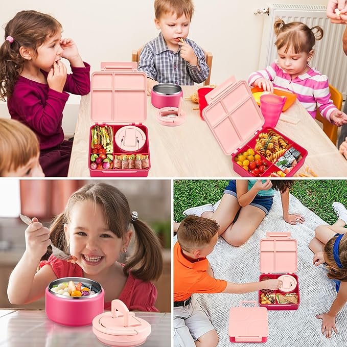 Bento Lunch Box for Kids with 8oz Soup Thermo,Kids Leakproof Lunch Food Containers with 4 Compartment,Kid Insulated Thermo Hot Food Jar for School,Trvael-Pink