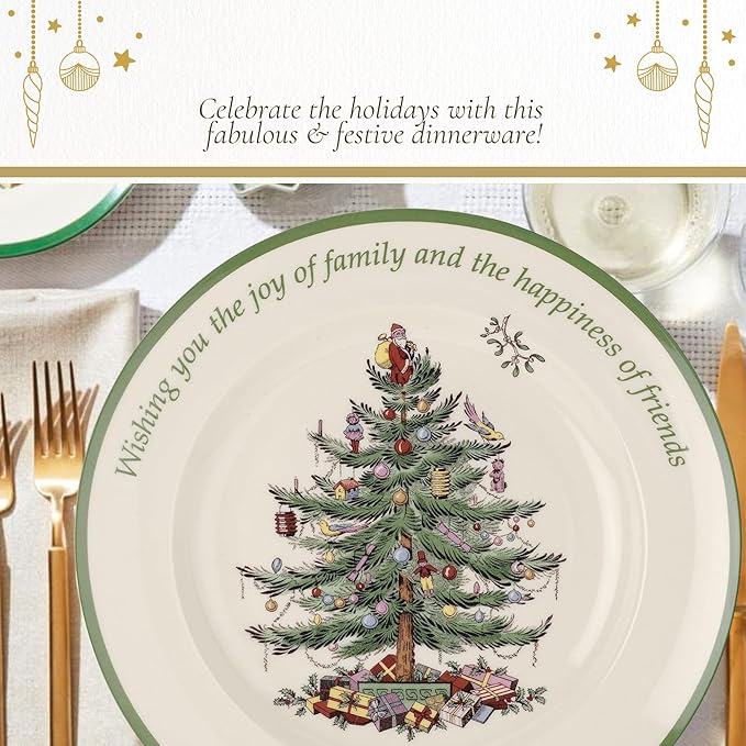 Spode Christmas Tree Sentiment Plate, 10.5-Inch Porcelain Dinner & Appetizer Dish, Holiday-Themed Serving Plate, Microwave & Dishwasher Safe, Festive Collectible Seasonal Dining