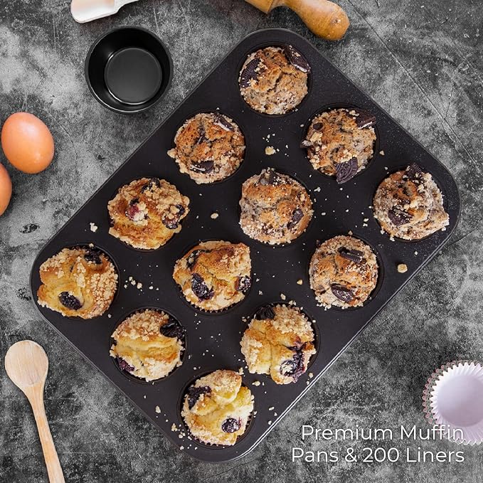 CARTMAN 1 Muffin Pan with 200 Cupcake Liners, Nonstick 12-Cup Muffin Tin, Carbon Steel Cupcake Pan for Baking Muffins, Egg Bites, Brownies & More