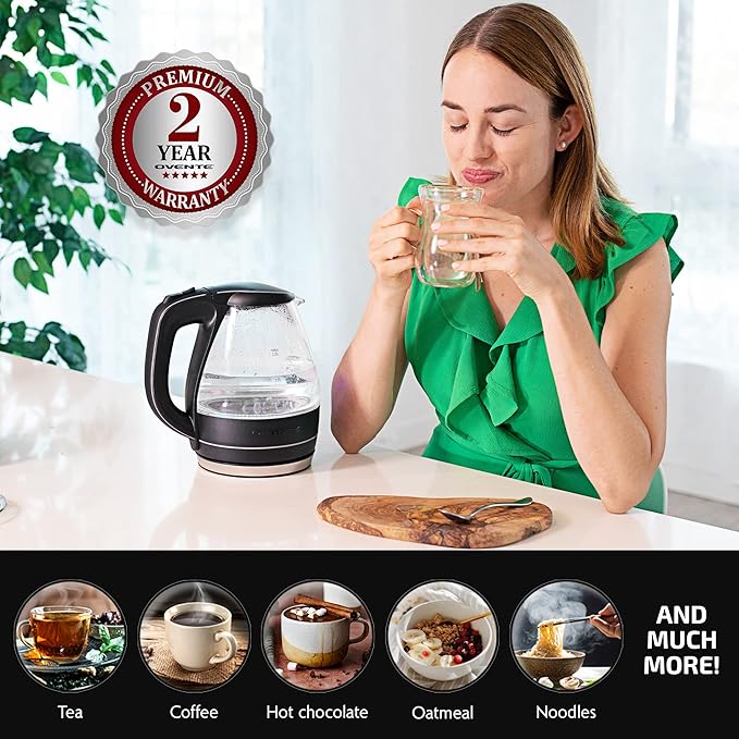 OVENTE Electric Kettle, 1.5L Borosilicate Glass Countertop Water Heater and Boiler for Coffee or Tea, BPA-Free, Auto Shut-Off, Boil-Dry Protection, Removable and Washable Spout Filter, Black KG83B