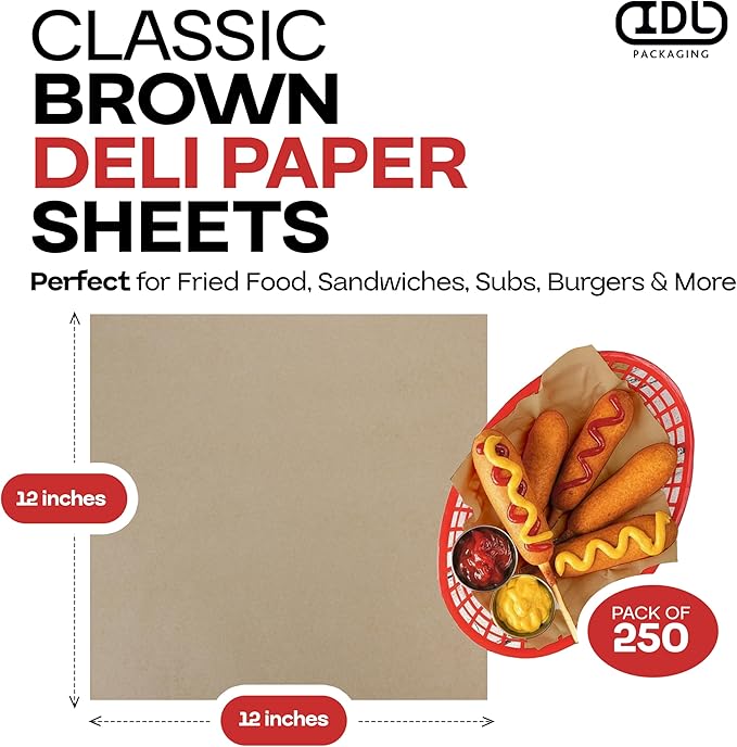 Brown Deli Paper Sheets, 12" x 12" (250 pcs.) - USA-Made Premium Food Basket Liners - PFAS-free Grease Resistant Deli Paper Sheets for Snack & Baking Wrap, Picnic & Party by IDL Packaging