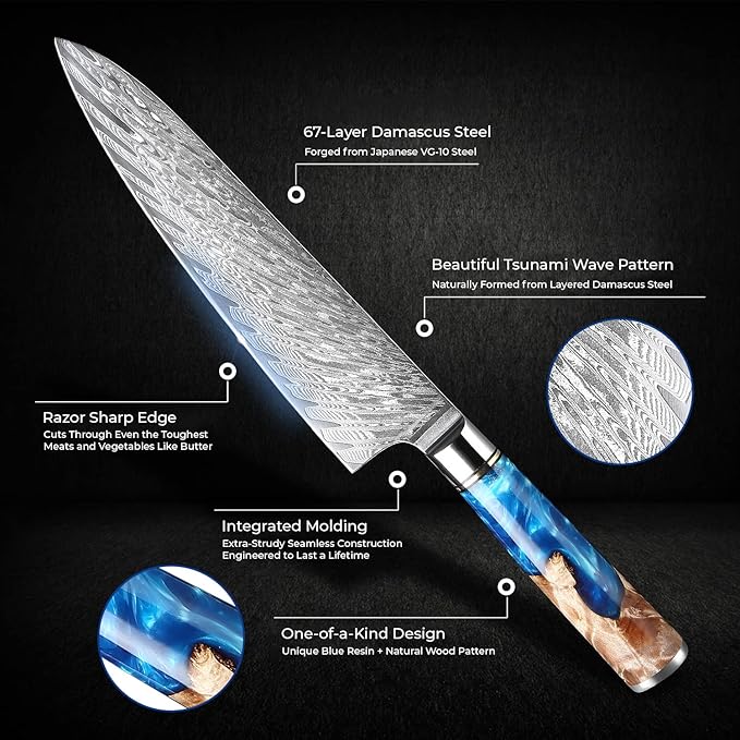 SENKEN 15-Piece Damascus Knife Block Set - "Tsunami" Collection Japanese Chef Knife Set - 67-Layer Japanese VG10 Steel Blades, Includes Chef Knife, Cleaver, 6 Steak Knives (15-Piece Knife Block Set)