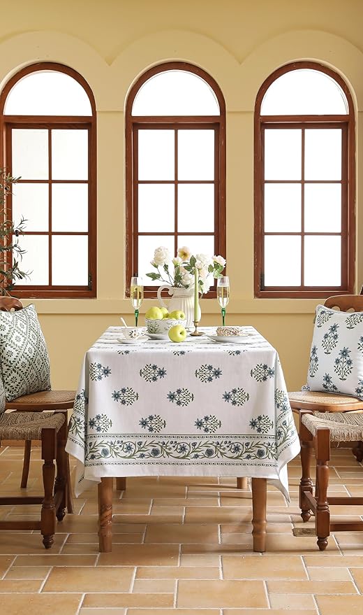 ISAENNE Designer White Linen Long Rectangle Tablecloth,Chinoiserie Floral Elegant Indoor Table Cloth,Fall Stain Proof Decor Tablecloths for Dining Thanksgiving Kitchen,63"*94"-Mosella F