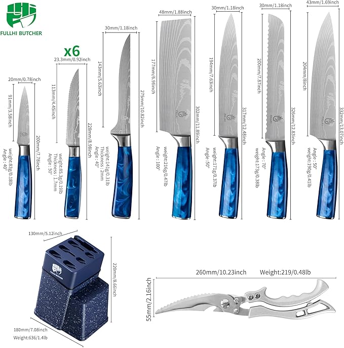 FULLHI 14pcs Block Knife Set, Chef's Knife Steak Knives Set with Block and Sharpener, Kitchen Knife Set, Multi-colour Handle, Gifts for Men Women