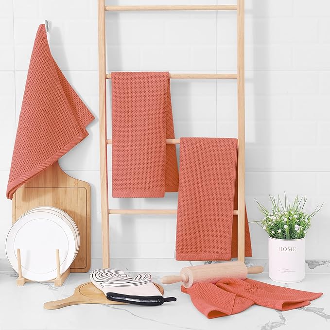 Homaxy 100% Cotton Waffle Weave Kitchen Dish Towels, Ultra Soft Absorbent Quick Drying Cleaning Towel, 13 x 28 Inches, 12-Pack, Coral