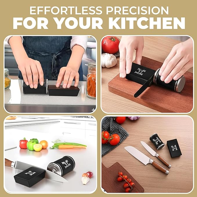 High Carbon Stainless Steel Rolling Knife Sharpener with 400, 1000 & 3000 Replacement Discs - Blunt Knife Sharpening Kit with 15 and 20 Degree Sharpening for Kitchen & Chef's Knives (BLACK) (Black)
