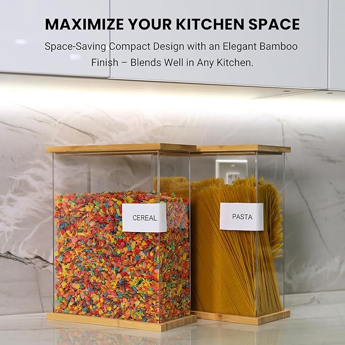 Bamboo Food Dispenser 2 Pack (Large) | Airtight Cereal & Snack Storage Containers | Acrylic Kitchen Organizer for Pantry | Rice, Flour, Candy, Coffee, Pasta, Dry Food Storage