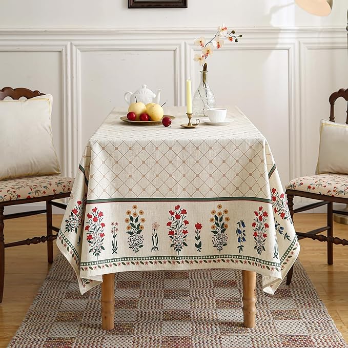 ISAENNE Designer Vintage Linen Floral Tablecloth Rectangular,Fall Colorful Modern Table Cloth,Anti-Wrinkle Decor Tablecloths for Dining Thanksgiving Kitchen Christmas,55"*87"-Bertina E