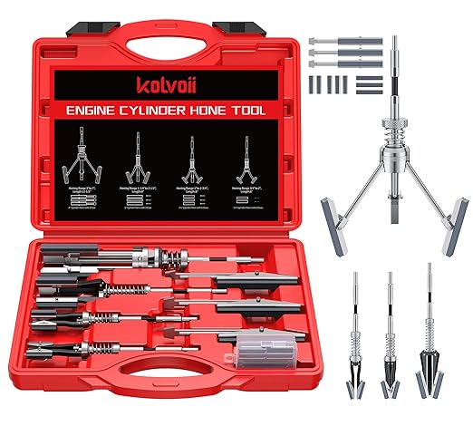 Kolvoii Cylinder Hone Tool Set with Tool Box, Adjustable Engine Cylinder Honing Tool for Sizes 3/4" to 7" Cylinders, 1-1/8", 3" and 4" Diameters with Extra 11 Piece Replacement Honing Stones - Red