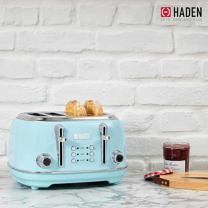 Haden 12 Cup Programmable Drip Coffee Maker Coffee Machine Bundled with Heritage 4 Slice Wide Slot Stainless Steel Toaster, Turquoise & Chrome