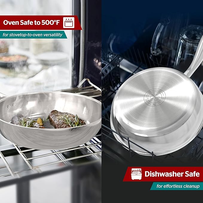 SUNHOUSE – 9.5 Inch / 24 cm Stainless Steel Frying Pan, Tri-Ply Stainless Steel Construction, PFOA-FREE, Stay-Cool Handle, Induction Compatible with All Cooktops, Dishwasher Safe