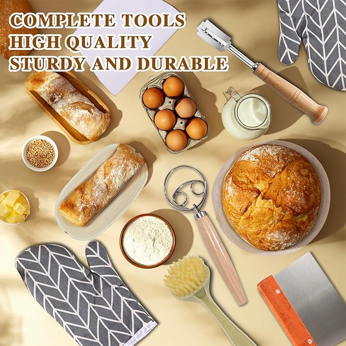 Sourdough Starter Kit Banneton Bread Proofing Basket Baking Set Gift with Heat-Resistant Gloves,Sourdough Baskets Sourdough Tools, Includes 9-inch Round and 10-inch Oval Bread Making Tools