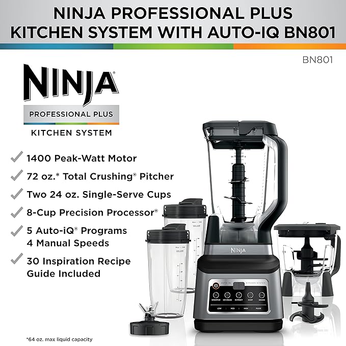 Ninja BN801 Professional Plus Kitchen System, 1400 WP, 5 Functions for Smoothies, Chopping, Dough & More with Auto IQ, 72-oz.* Blender Pitcher, 64-oz. Processor Bowl, (2) 24-oz. To-Go Cups, Grey