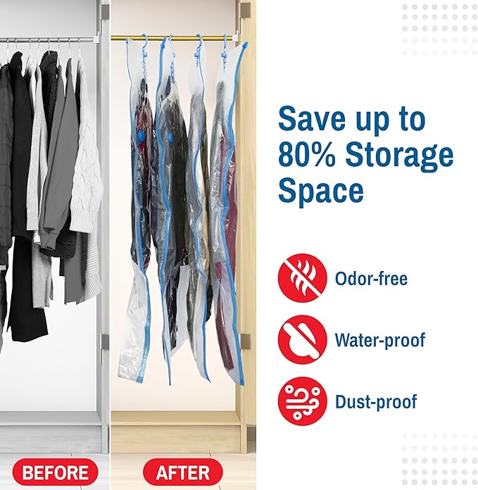 Hanging Vacuum Storage Bags for Clothes & Coats – 8 Pack (4 Small & 4 Large) Vacuum Seal Garment Bags for Hanging Storage – Space Saving Compression Bags for Clothing, Jackets – Transparent