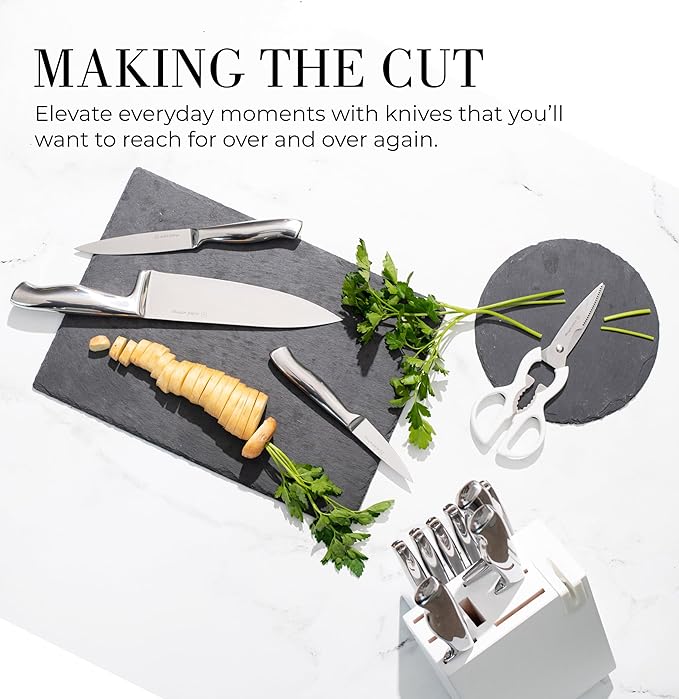 Styled Settings Stainless Steel Knife Set with Built In Sharpener - 14 Piece Ultra Sharp, High Carbon Stainless Steel Kitchen Knife Set Includes White Knife Block with Sharpener Built In