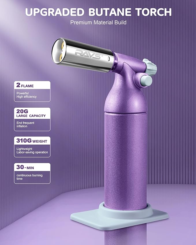 RAVS Dual Flame Butane Torch Lighter with 20G Large Capacity, Adjustable Flame, Refillable Kitchen Torch for Creme Brulee, BBQ, Baking, Purple Cooking Torch Gifts for Women Unique, Butane Not Included