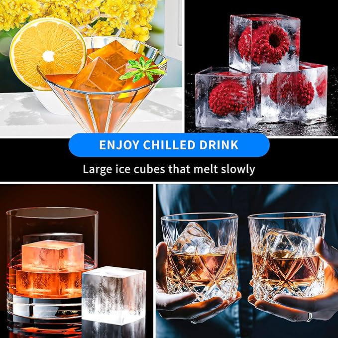 Large Ice Cube Tray for Whiskey 3 Pack, HANCELANT Big Silicone Square Ice Cube Mold with Removable Lid, 2'' Huge Square Ice Cubed Tray for Whisky and Cocktail(Grey)