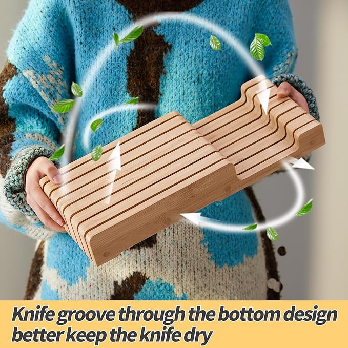 Bamboo Knife Block and In-Drawer Storage, Display Stand and Organizer, Holds Up To 7 Knives(Not Included)