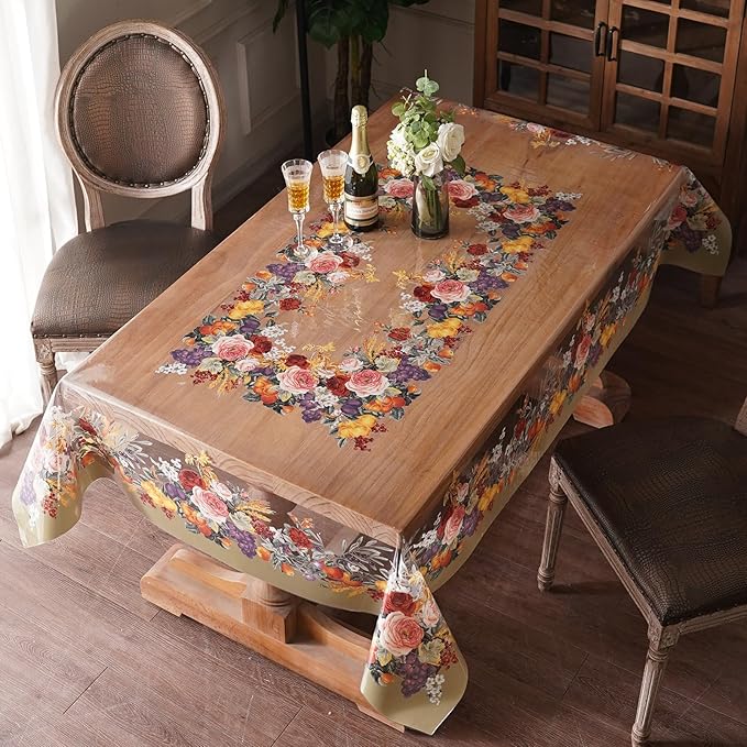 Clear Table Cover Protector Vinyl PVC Rectangle Table Cloth Oil Spill Proof Plastic Tablecloths for Dining Tables Parties Holidays (Floral Fruit, 60 x 104 Inches)