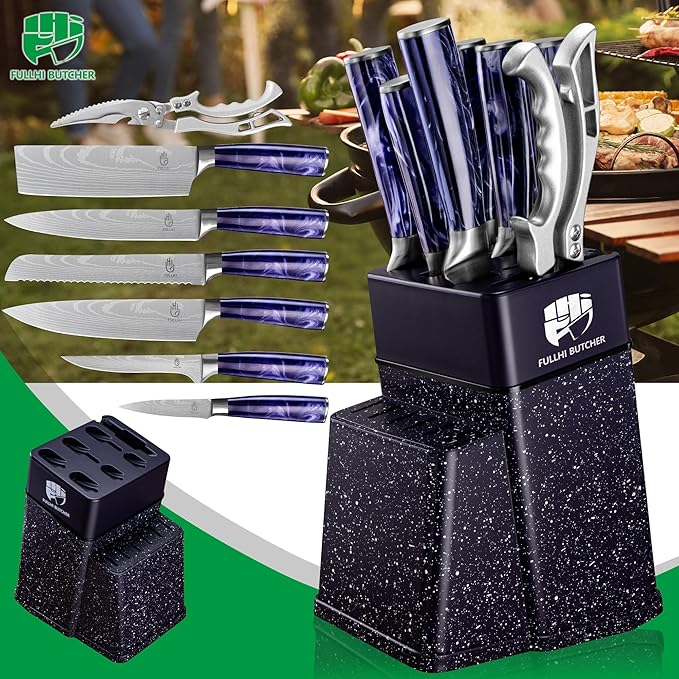FULLHI 8pcs block Knife Set,chef's Knves Set with Block and Sharpener, Kitchen Knife Set,Multi-colour Handle, Gifts for Men Women