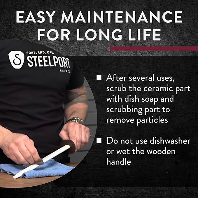 STEELPORT 12 inch Oval Ceramic Honing Rod | Professional Knife Sharpener Rod with Oregon Black Walnut Handle, Safety Guard | Premium Serrated Blade Sharpener For All Knife Types