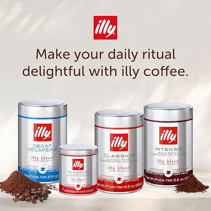 Illy Ground Espresso Coffee, Intenso Bold Roast - Bold & Flavorful - 100% Arabica - Pre-Ground for Espresso - Pressurized Packaging Sealed for Freshness - 8.8oz - (Pack of 12)
