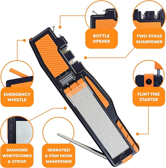 8-in-1 Pocket Knife Sharpener – Guided Diamond Whetstones, Diamond Rod, Leather Strop, 2 Sharpening Slots, Fire-Starter Ferro Rod & Whistle – Outdoor, Yard, Camping by Orange Ninja