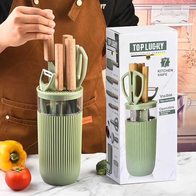 Knife Set, 7-Piece Kitchen Knife Set with Sharp Chef and Meat Knives, Anti-Rust Utility Knives Set for Kitchen, Kitchen Knife Block Set （Green）